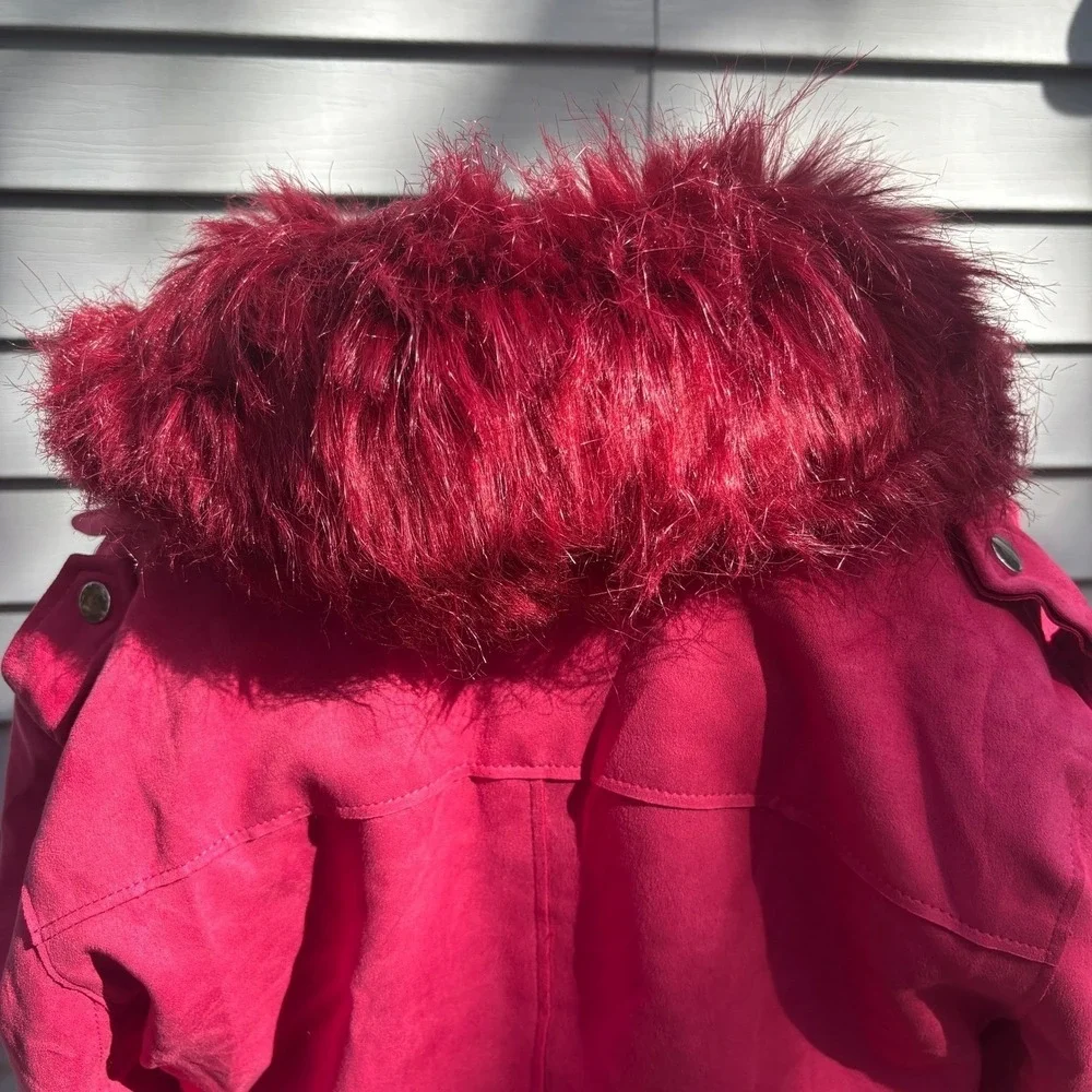 Pink Faux Suede Moto Jacket with Faux Fur Collar‎ Medium Baddy - Picture 6 of 13